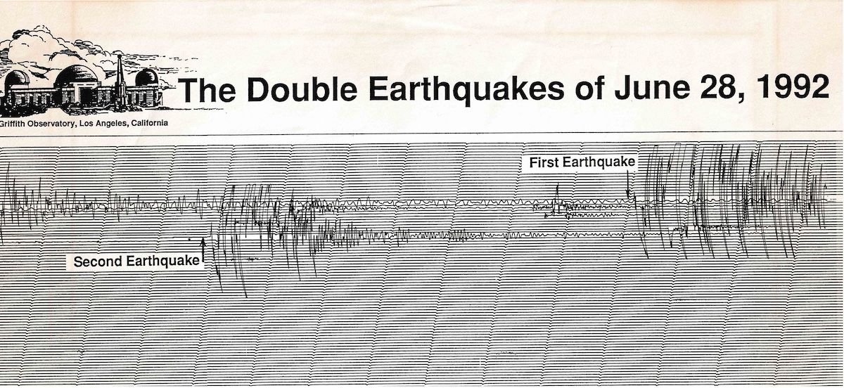 Seismogram graphic with two prominent earthquake spikes labeled first and second, June 28, 1992