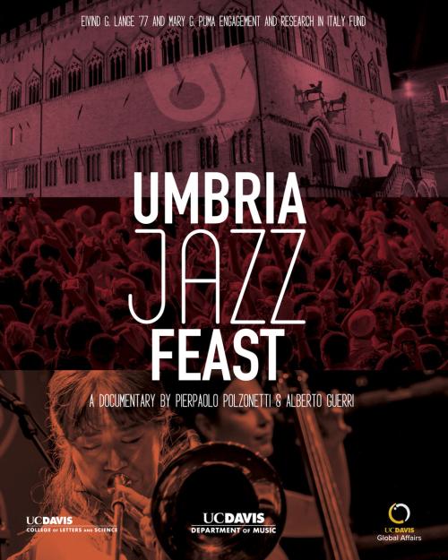 Umbria Jazz Feast poster: white title over red-tinted crowd, trumpet and stage.