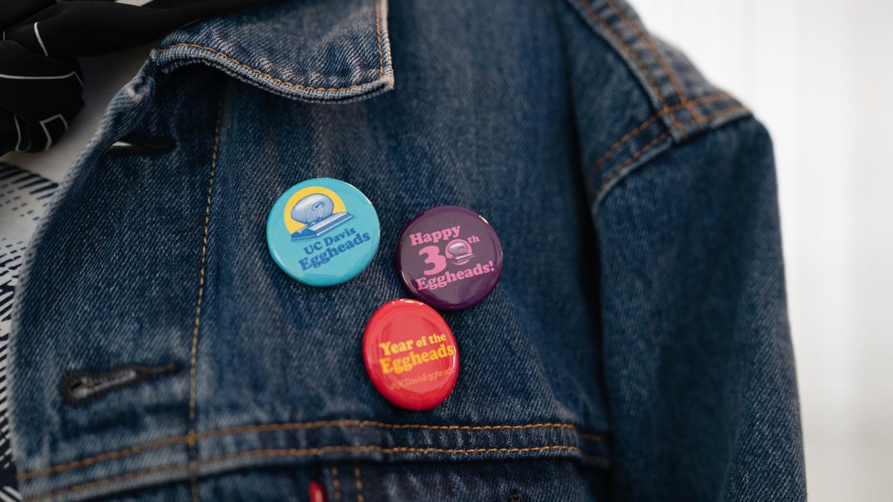 A close-up image of three pins/buttons -- blue, purple and red -- featuring the 'Eggheads' attached to a denim jacket