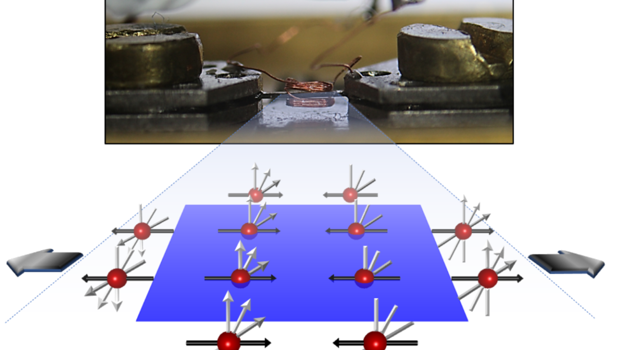  It shows a crystal mounted in our strain device with an NMR coil around it.  The lower image shows how the electron spins in the lattice respond to tensile strain. 