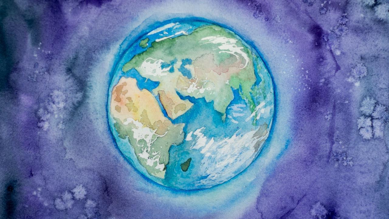 Watercolor painting of Earth with blue-green continents on a purple space wash.