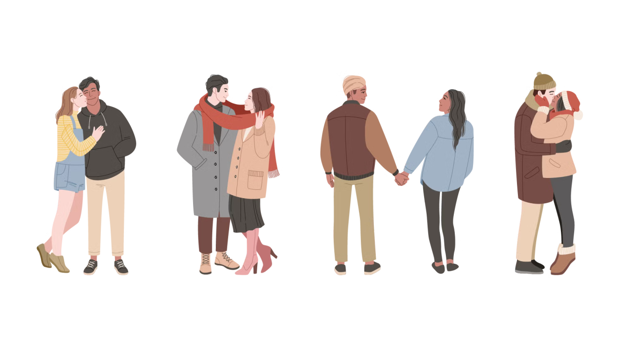 Illustration of five diverse couples showing affection, hugging and holding hands