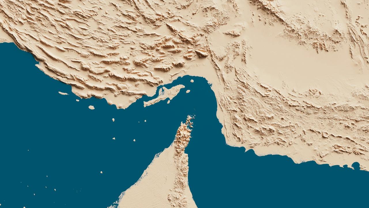 Stylized relief map of the Strait of Hormuz between Iran and Oman, beige land and teal sea