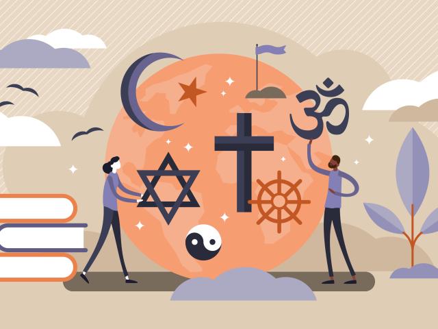 Illustration of diverse religious symbols in a circle with two people, books, and plant.