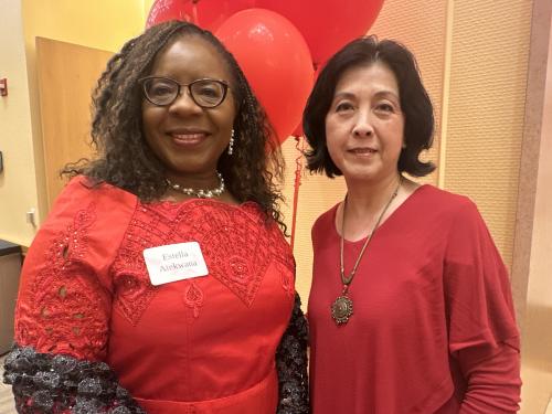 College of Letters and Science Dean Estella Atekwana stands alongside Adele Zhang, Senior Continuing Lecturer in the Department of Design and creator of the Red Dress Collection program. 