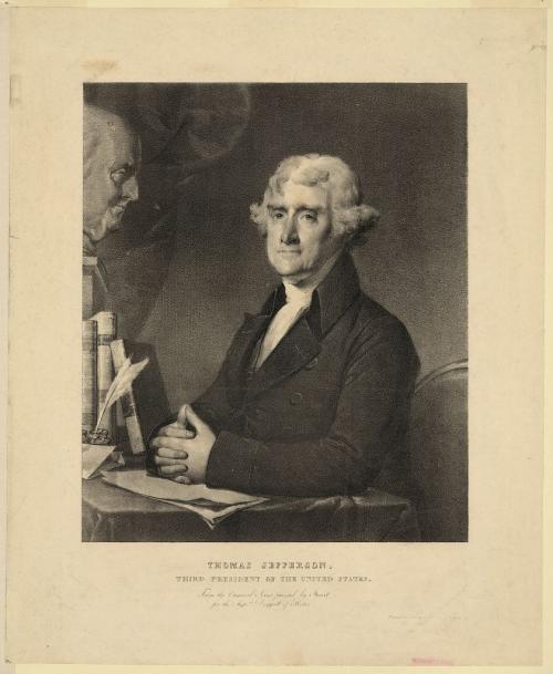 Engraving of a seated 18th-century gentleman at a desk, hands folded