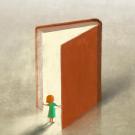 Illustration of a small child entering a doorway formed by a giant open book