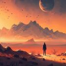 A lone figure stands in a red-tinted, alien landscape with mountains and a moon in the background. 